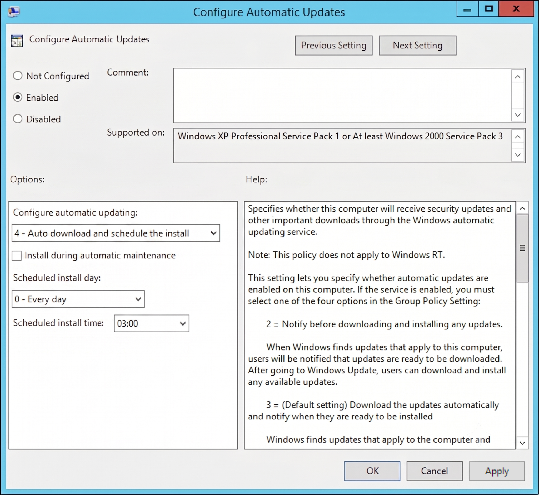Group Policy Management Editor — Configure Automatic Updates policy set to Enabled, option 4 (Auto download and schedule the install), scheduled every day at 03:00