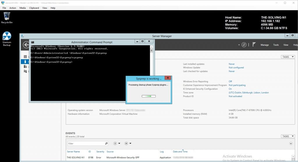 Sysprep generalization in progress: "Sysprep is working" dialog on Windows Server