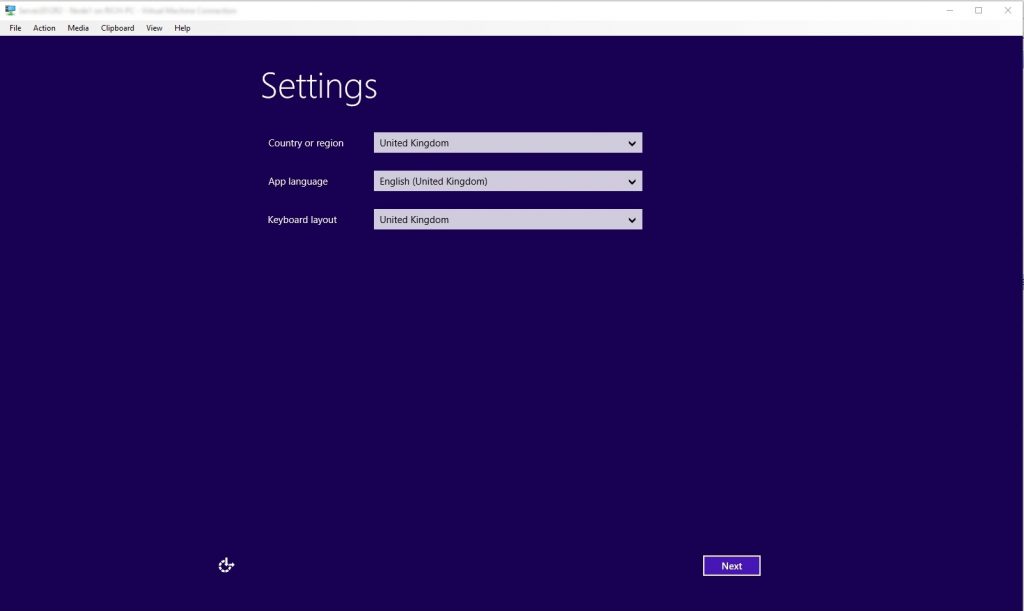 Windows OOBE wizard: country, language, and keyboard layout selection screen.