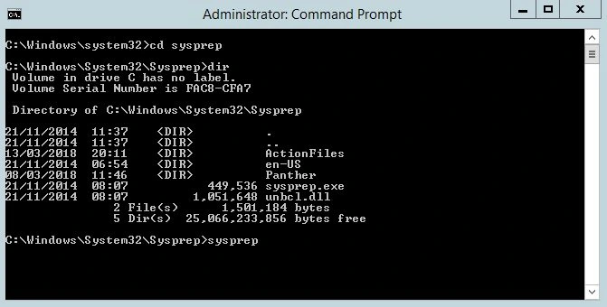 Símbolo del sistema usando sysprep