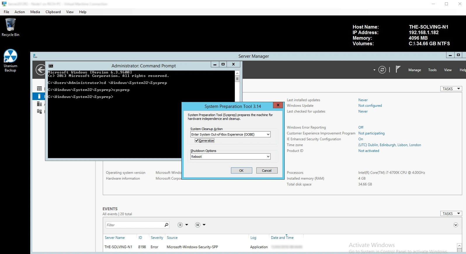 Interfaz gráfica de Sysprep con OOBE, Generalizar y Reiniciar en Windows Server