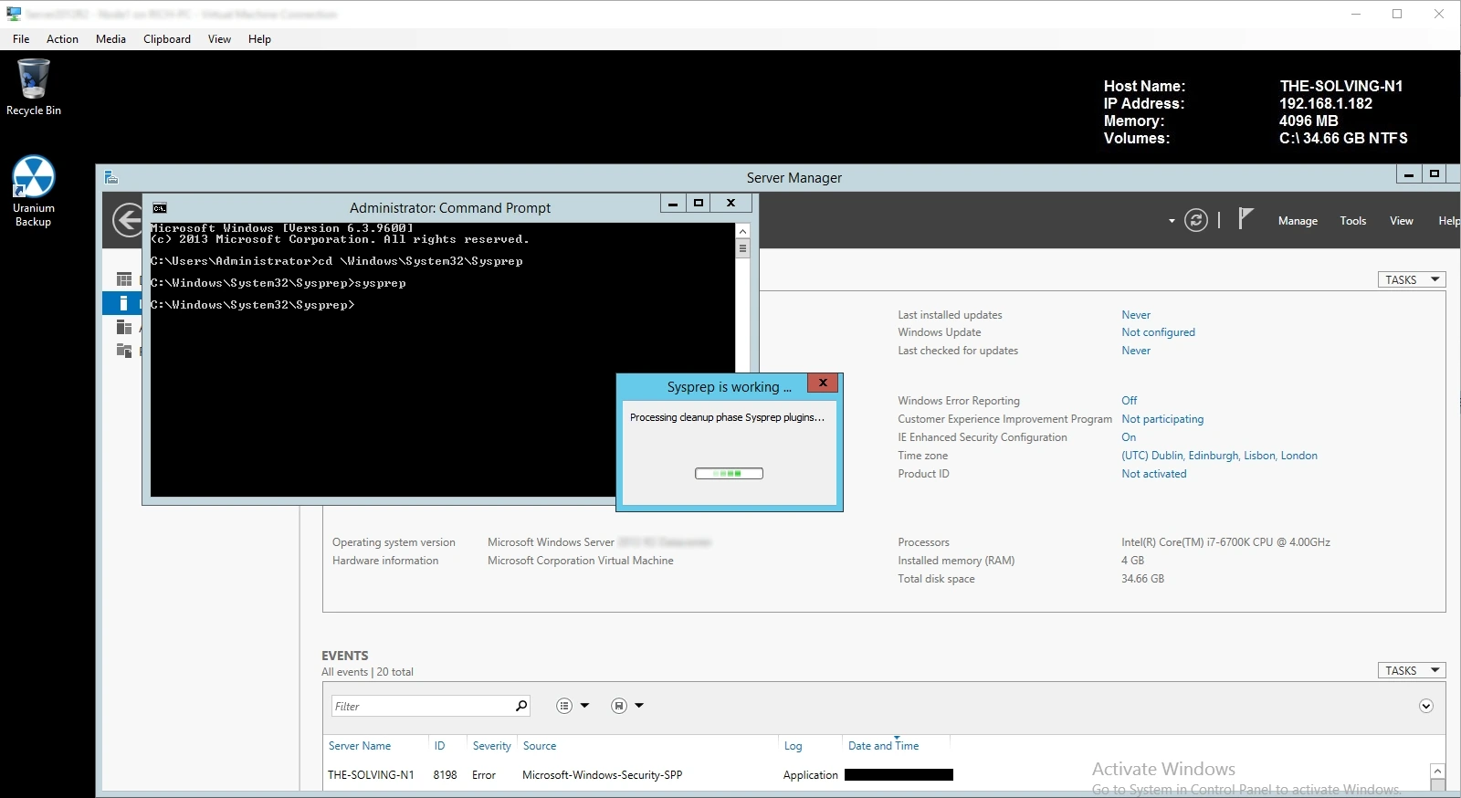 Generalización de Sysprep en curso: cuadro de diálogo "Sysprep is working" en Windows Server